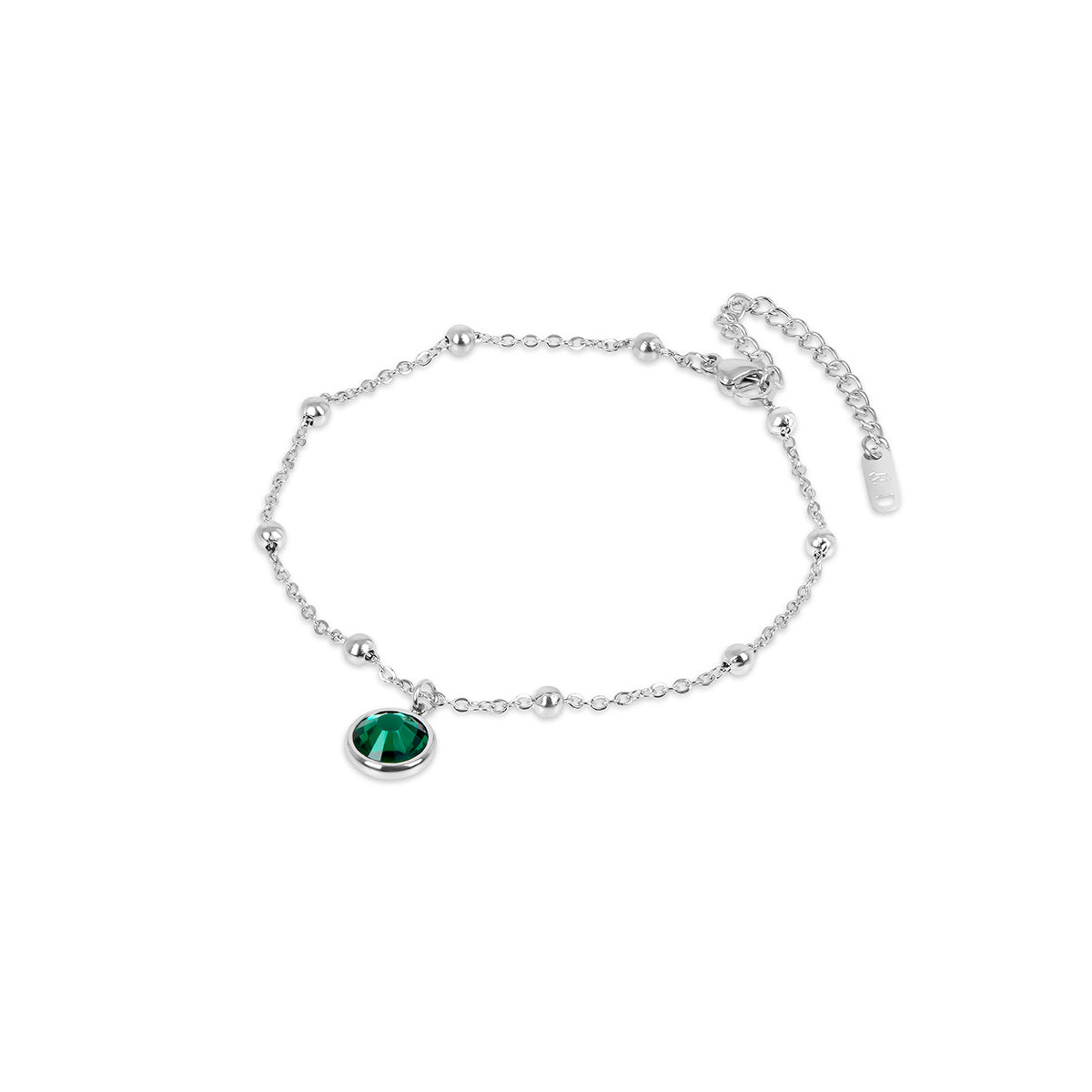 Emerald Ball Chain Anklet - Silver