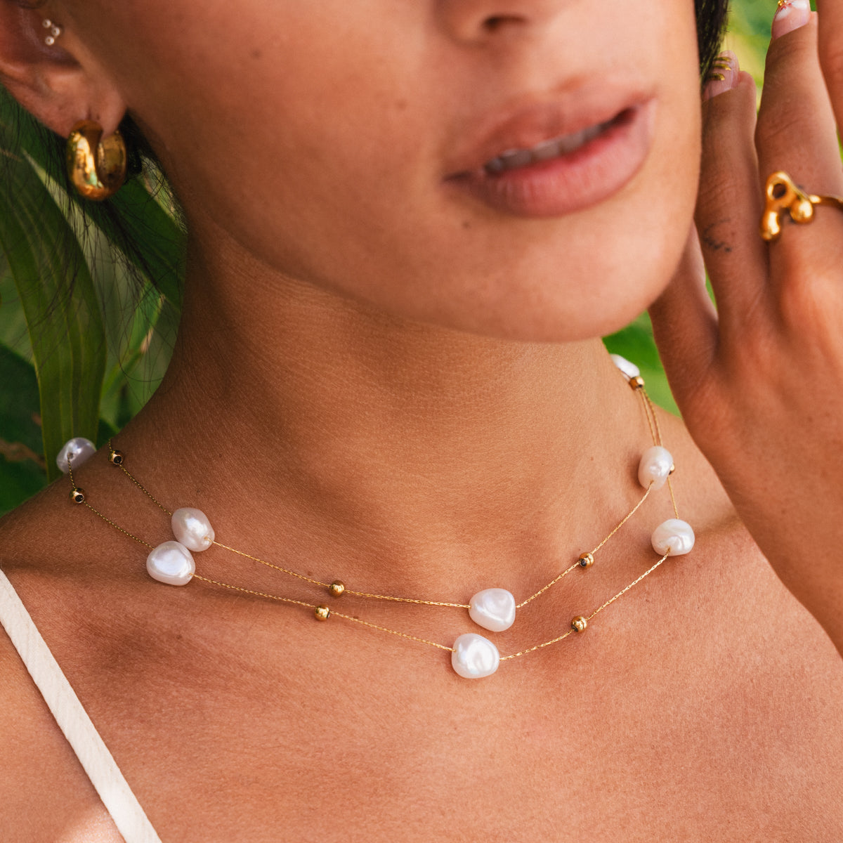 Abstract Pearl Layered Necklace - Gold
